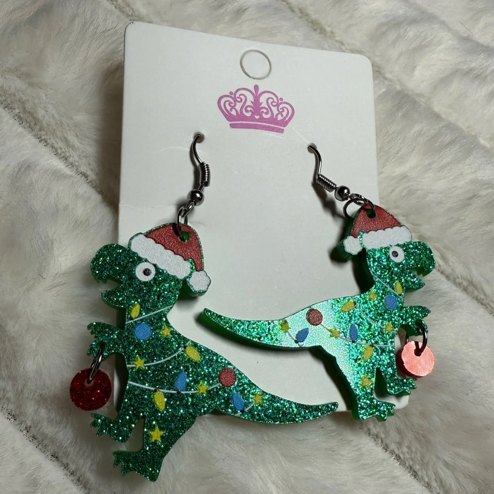 Glitter dinosaur 🦖 Christmas earrings - Picture 2 of 4